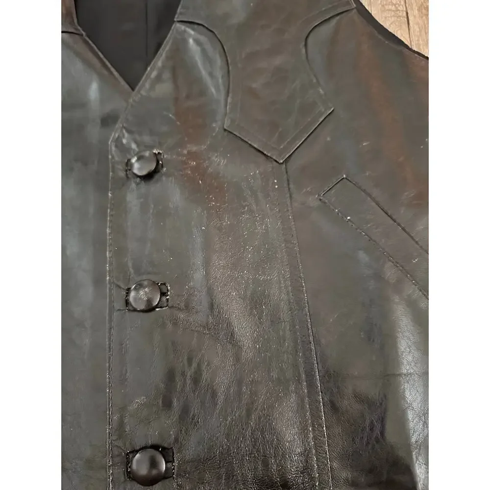 Vintage El Venado Men's Black Genuine Leather Button Up Western Vest Size 44